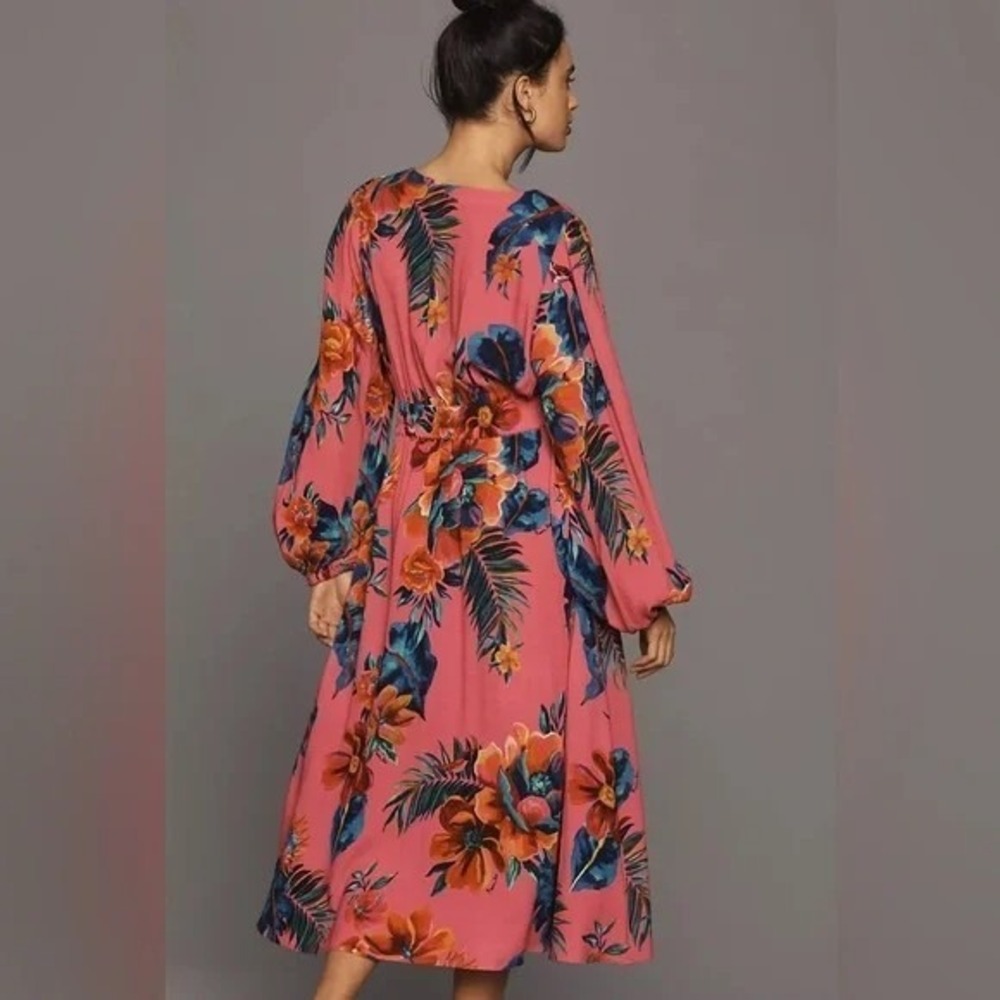 Farm Rio V-Neck Long Sleeve Floral Midi Dress Boho Tropical Pink Sz L B39 - Picture 3 of 15